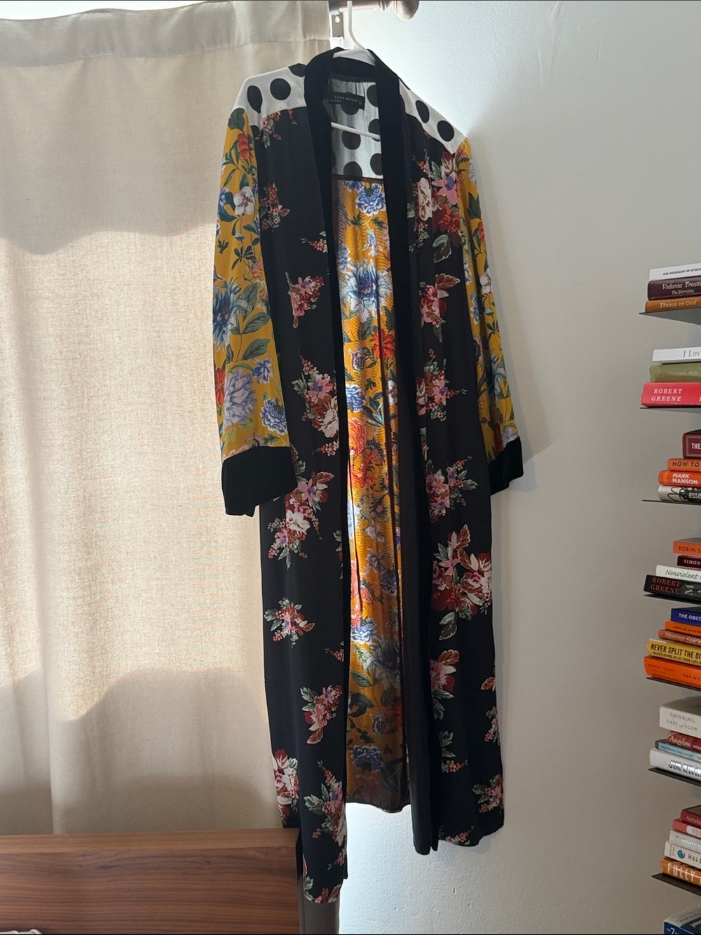 Zara Mixed-Print Floral Long Robe in Black & Mustard